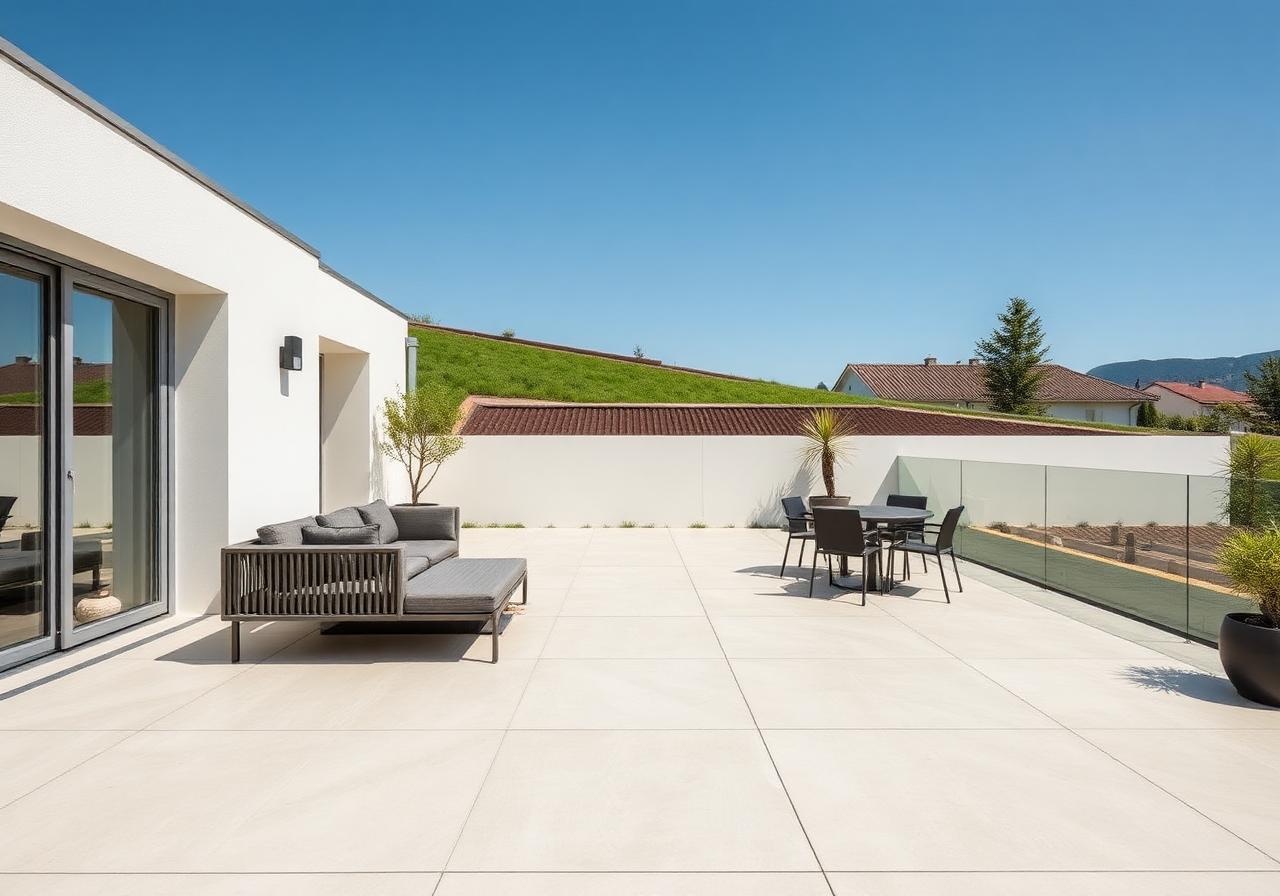 Foto: Moderne Terrasse mit Feinsteinzeugplatten